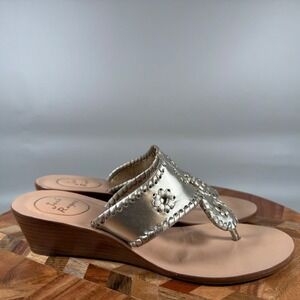 Jack Rogers Jacks Mid Wedge Platinum Gold Leather Thong Sandal Womens 6.5M